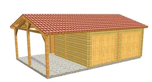 Garage bois double avec carport latéral.